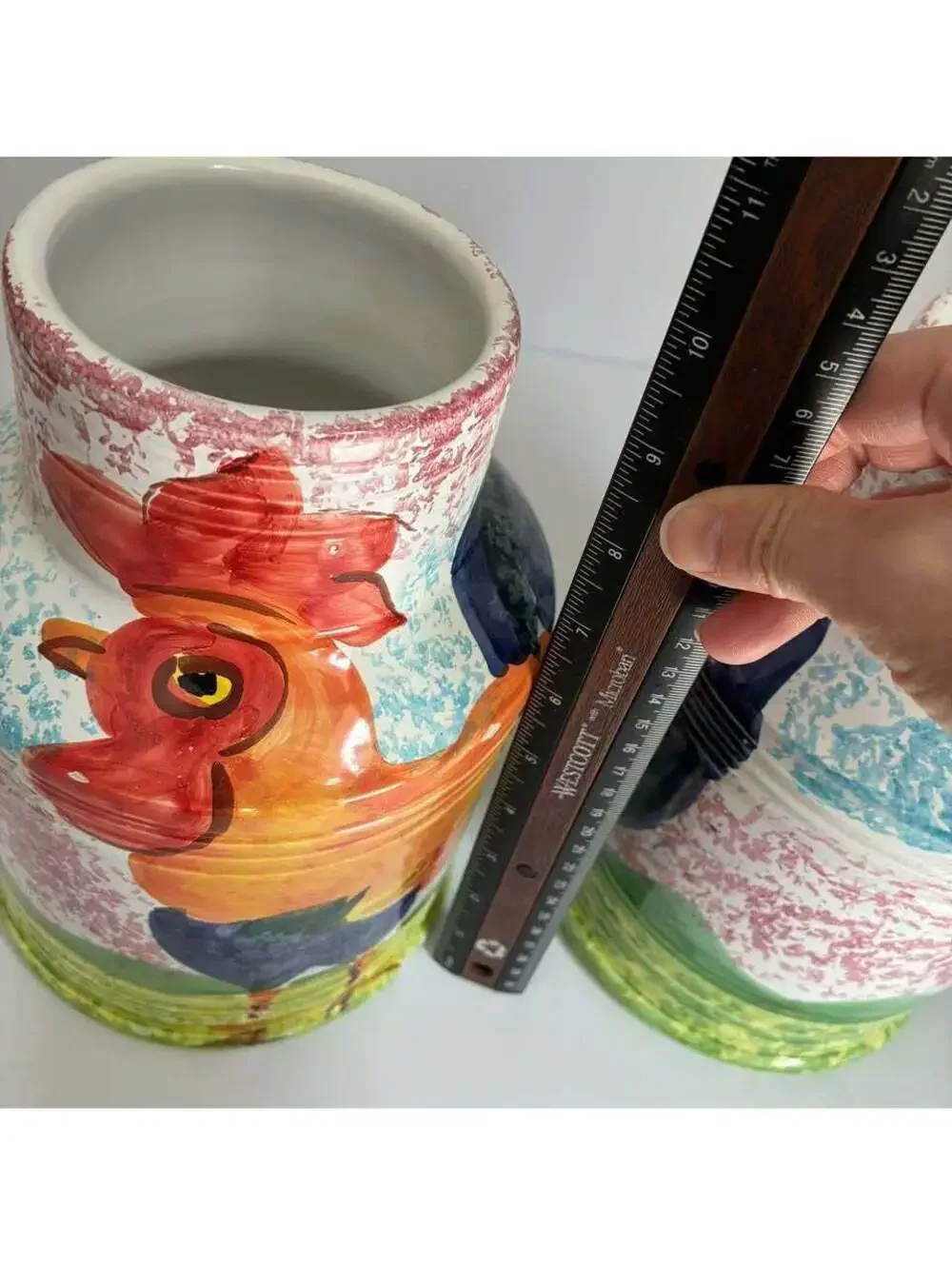 Vintage Bellini Piu Italy Rooster Ceramic Vases Pair Hand Painted 9.5”